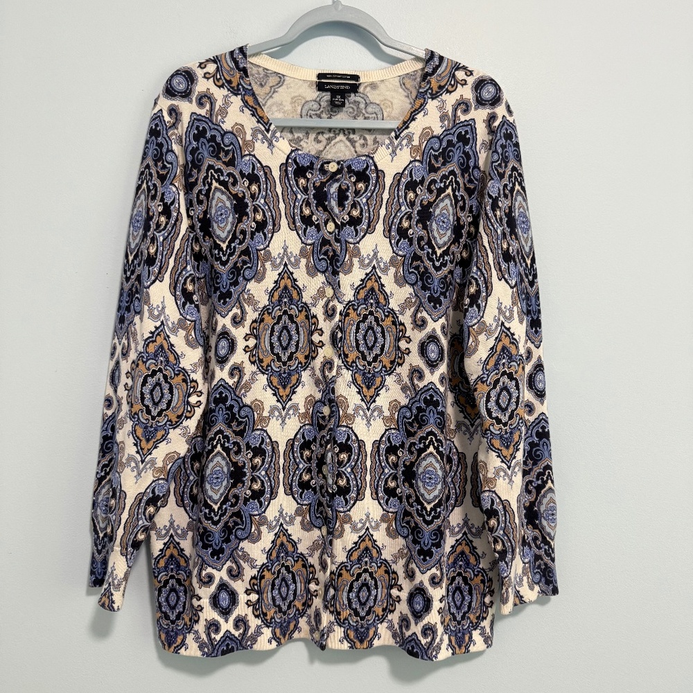 Lands’End Women’s Plus Supima Cotton Paisley‎ Geometric Cardigan Sweater Size 1X